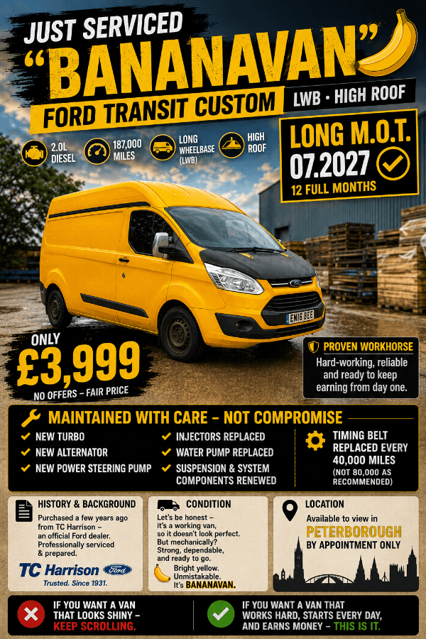 JUST SERVICED, LONG - 07.2027 MOT - Ford Transit Custom LWB High Roof – £3,999 🍌
